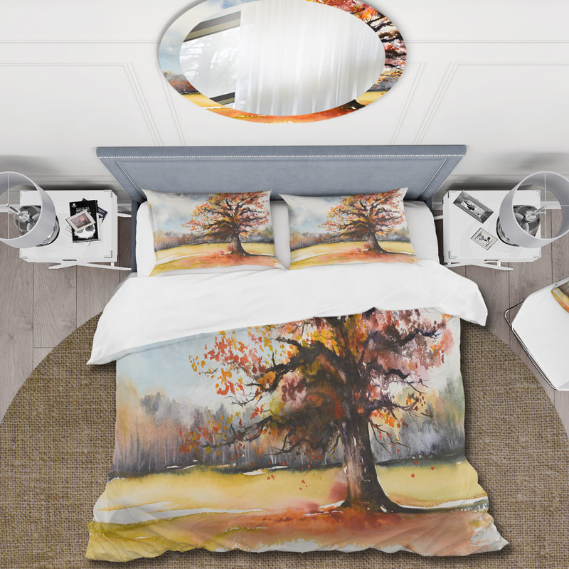Lone Oak In The Fields avec feuilles d'automne - Ensemble de housse de couette traditionnel - Microfibre de polyester