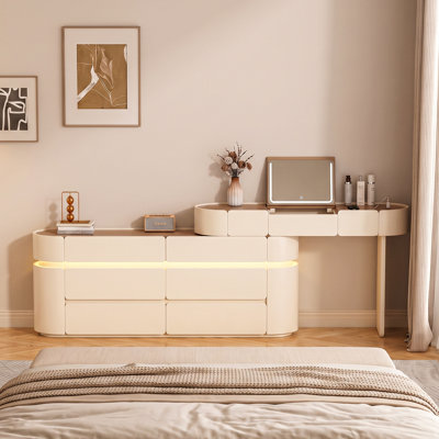 Coiffeuse extensible moderne avec miroir rabattable à DEL tricolore, table de maquillage réversible ultra-mince avec 8 tiroirs et station de charge intégrée, crème et noyer