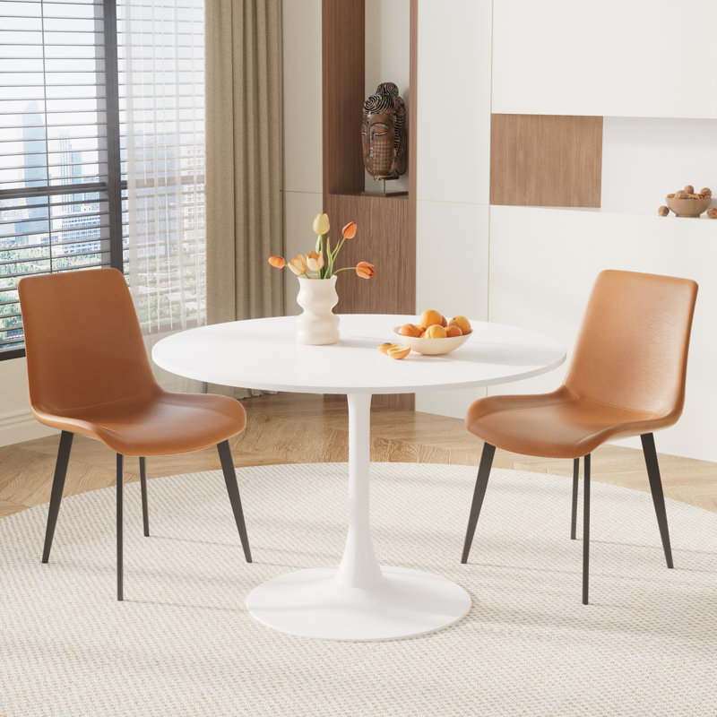 Petit ensemble de salle à manger à piédestal rond, Blanc, 3 pièces: table, 2 chaises, Brun