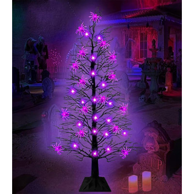 [Minuterie] Arbre d'Halloween de 4 pi avec 70 lumières DEL mauves et 16 araignées bricolées Arbre noir Boîte à piles étanche Arbre artificiel lumineux pour les décorations d'Halloween Jardin intérieur extérieur
