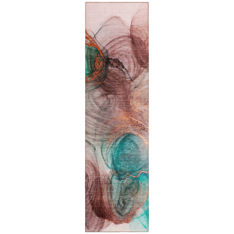 8' Runner Burgundy Abstract Washable Non Skid Indoor Outdoor Runner Rug