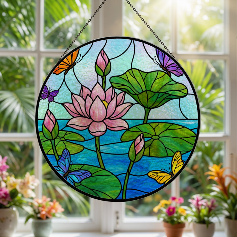 Panneau de vitrail 12 "H Water Lily, H 12 po x l 12 po
