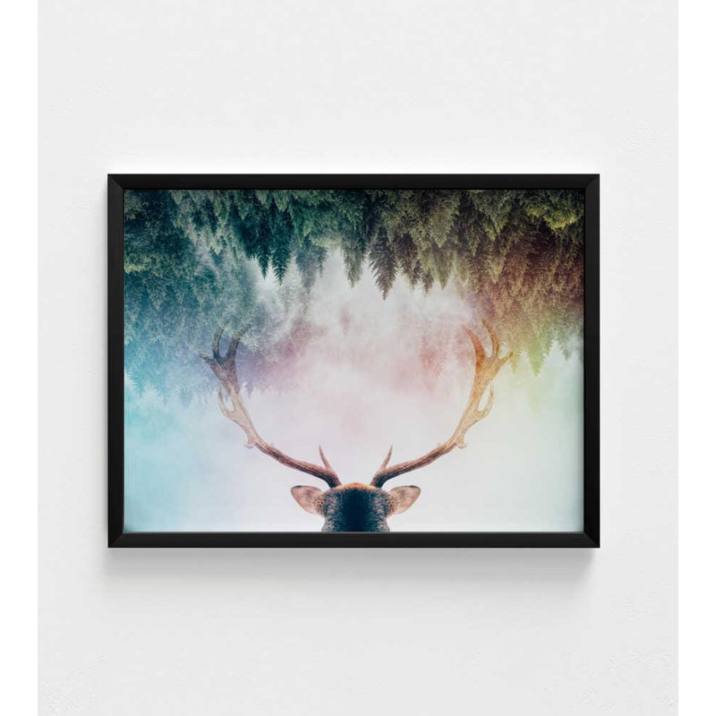 Impression de l'esprit de la forêt: cerf abstrait dans les bois brumeux, Noir, Impression encadrée sans passe-partout