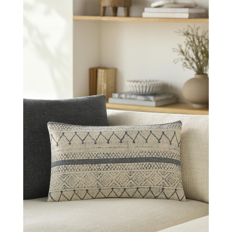 Zetta Geometric Cotton Throw Pillow, Light Beige/Dark Blue, Down