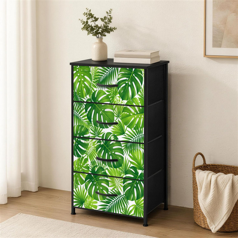 4-Drawer Dresser for Bedroom Tropical Monstera Palm Leaves White Small Tall Clothes Dresser for Closet Organizers with Chest of Drawers Fabric Storage Bins Dressers