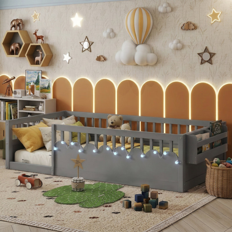 Lit simple 78,5 po Montessori avec rails surélevés et tablette de rangement, Gris