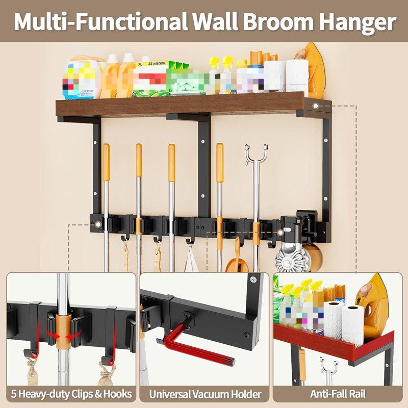 Support mural pour balai avec organisateur de fournitures de nettoyage, étagères de salle de lavage avec porte-balais et porte-balais