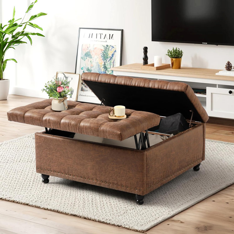 Cymon 35.5” Upholstered Square Large Storage Ottoman, Brown Linen