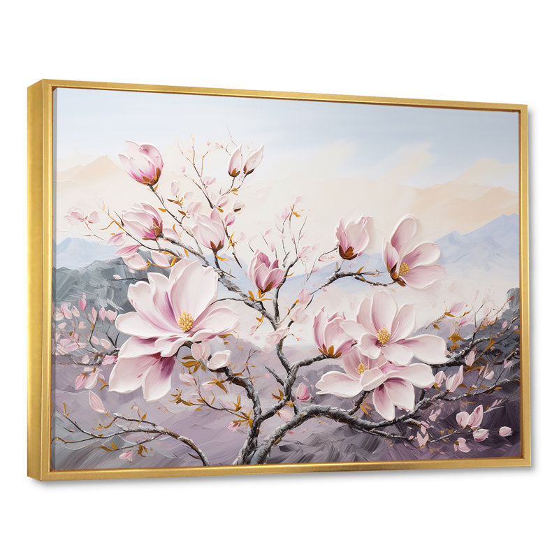 Fleurs de magnolia roses II sur toile, Cadre flottant doré, H 30 po x l 40 po x P 1,5 po