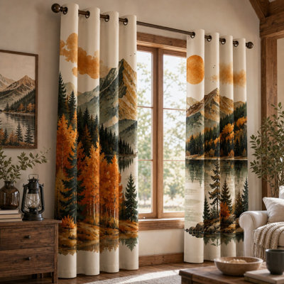 2Pcs Mountain Lake Landscape Print Sun Blocking Curtains, Vibrant Autumn Forest Scenery Art, Watercolor Style Nature Window Treatments for Living Room Bedroom for Home Dector