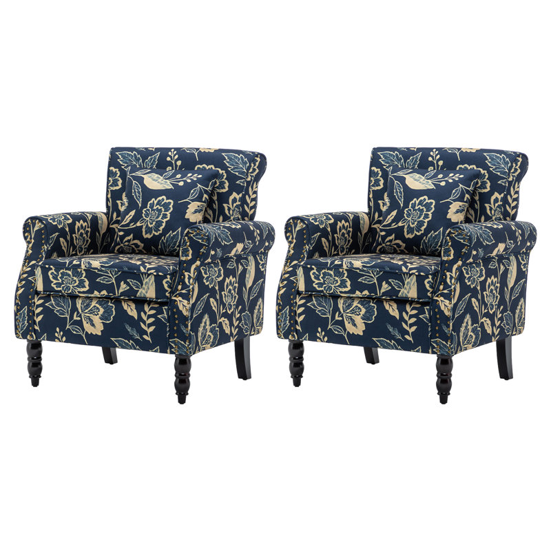 Vintage Floral Upholstered Armchair With Rolled Arms And Wooden Legs(Set Of 2), Navy