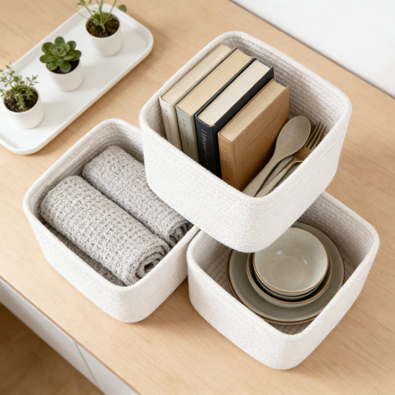 Paniers de rangement tissés en corde de coton, 3 boîtes de rangement cubiques avec poignées renforcées pour les tablettes, les placards et l'organisation à la maison