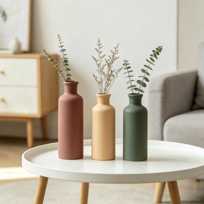 Ceramic Vase Set Of 3, Modern Bottle Shape Home Decor In Neutral Colors, Farmhouse Rustic Decorative Vases For Mantel, Shelf, Or Table Centerpiece