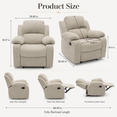 Fauteuil inclinable manuel en chenille antique Rovella, fauteuil réglable de 110 ° à 160 ° avec repose-pieds, 400 lb Fauteuil inclinable simple pour salon, chambre à coucher et petits espaces