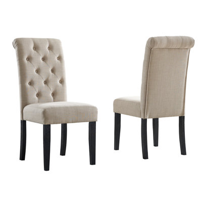 Solid Wood Dining Chair , 2 Chairs, Tan. Button Details. High Back, Upholstery. Oak Frame, Legs. Elegant Curve. 18"x21"x39.2" Chairs In Seat And Back. 18" W X 21" D 39.2" H