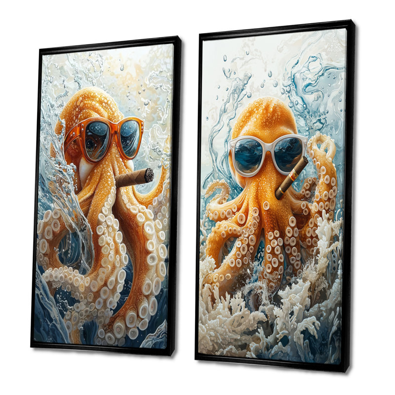 Orange Octopus With Glasses Smoking In The Ocean I - Octopus/Squid Animal Wall Art 2 Pieces Set, 32" H x 32" W, Black