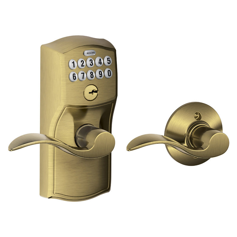 Accent Keypad Lever with Camelot Trim, Yes, Antique Brass, Keyed Alike