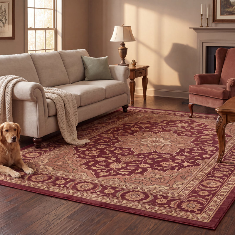 Tapis Halloway traditionnel à médaillon, style persan, bordeaux, cuivre, vert, crème, rose, lavable à la machine, antidérapant, à poils courts, pour l'intérieur et l'extérieur, adapté aux animaux domestiques, idéal pour le salon, la chambre, la salle à manger, l'entrée, le couloir ou le bureau.