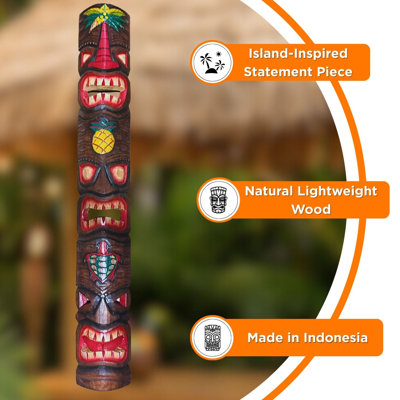60" Tiki Mask Three Face Pineapple & Palm Hand-Carved Outdoor Wood Art Decoration