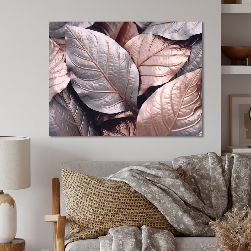 Or rose, feuilles et harmonie I - décoration murale florale en métal, H 12 po x l 20 po x P 1 po