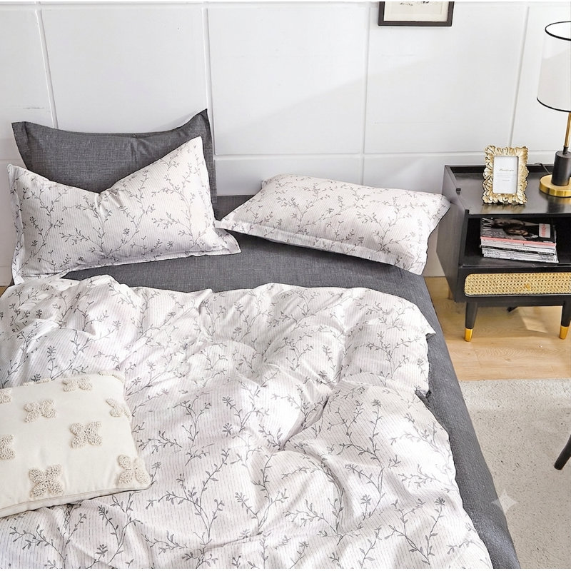 Ensemble de couette 7 pièces en coton naturel à motif floral gris lierre, taille Queen, Grand lit