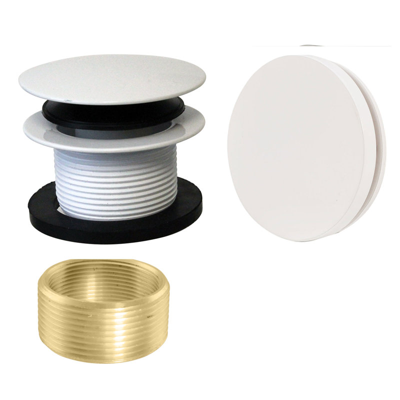 Universal Thread Tip-Toe Bathtub Drain Trim with Illusionary No-Hole Faceplate and Adaptor Bushing, Powder Coat White