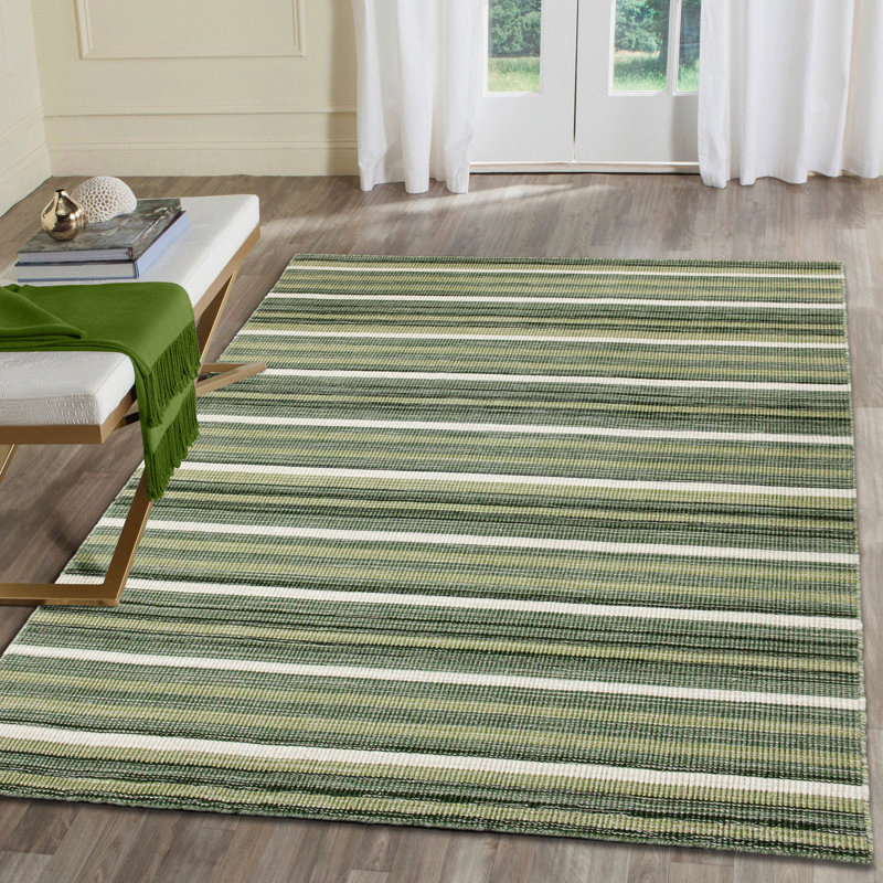 Tapis rayé vert / blanc en laine tissé à la main Alexes, Rectangle 7 pi 6 po x 9 pi 6 po