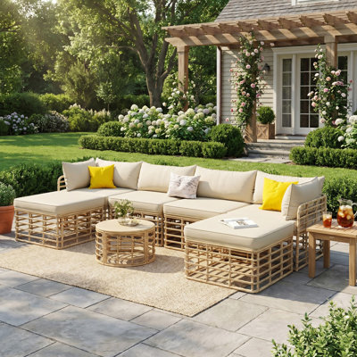 7 Pieces Outdoor Patio Furniture Set, All-Weather Rattan Sectional Sofa Set with Thick Cushions, Freely Combined Conversation Sets for Garden, Backyard, Balcony