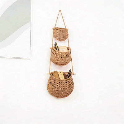 3 Tier Jute Wall Hanging Basket For Fruit And Vegetable Storage, Handmade Detachable Woven Organizer For Kitchen, Boho Home Decor In Bedroom Or Bathroom