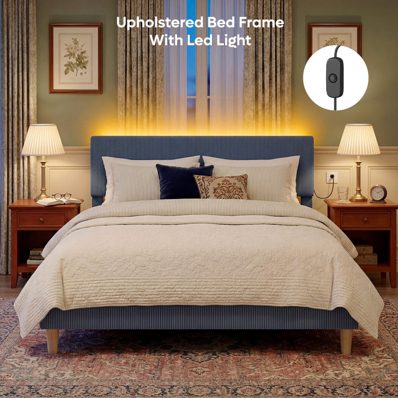 Corduroy Upholstered Platform Bed with Channel-Tufted Headboard, Modern Queen Bed Frame with Soft Padded Edges and Ambient LED