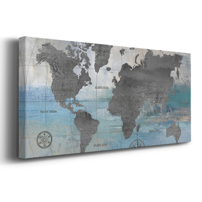 Carte du monde bleue et grise - Toile tendue avec châssis - Prêt à accrocher