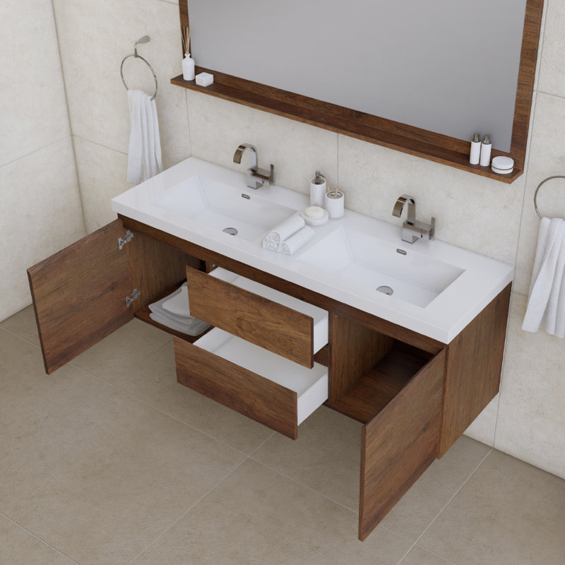 Arjina 60'' Double Bathroom Vanity with Solid Surface Top, Rosewood