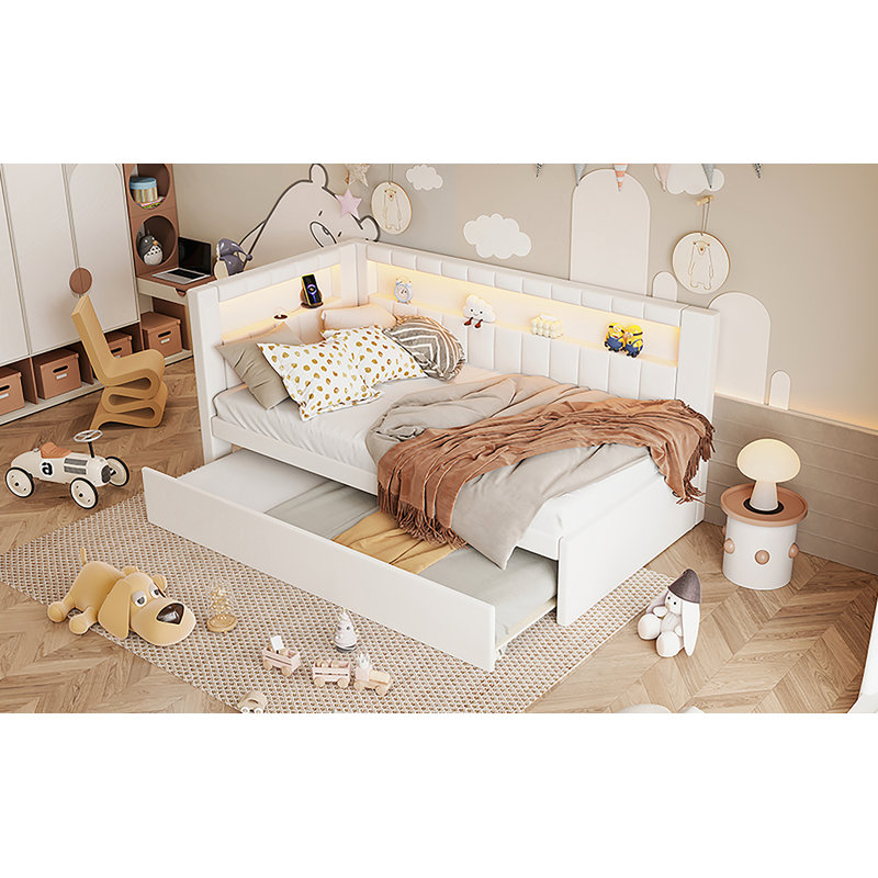 Upholstered Twin Size Platform Bed With USB Ports And LED Belt, With Trundle, White, White