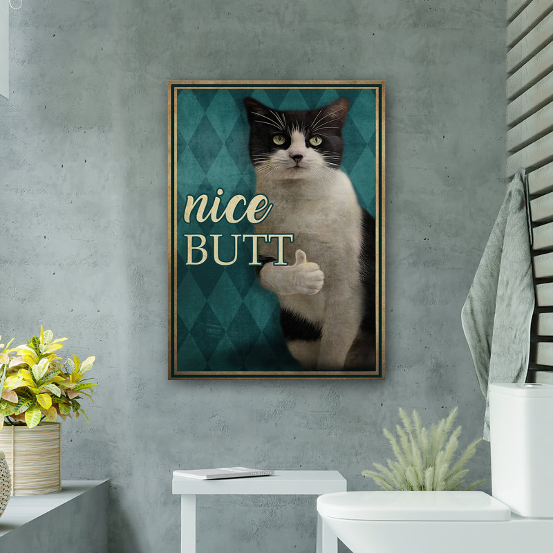 Pouce vers le haut de chat - belle toile tendue sur toile tendue - décor d'illustrations pour salle de bain et de lessive, noir, blanc et bleu