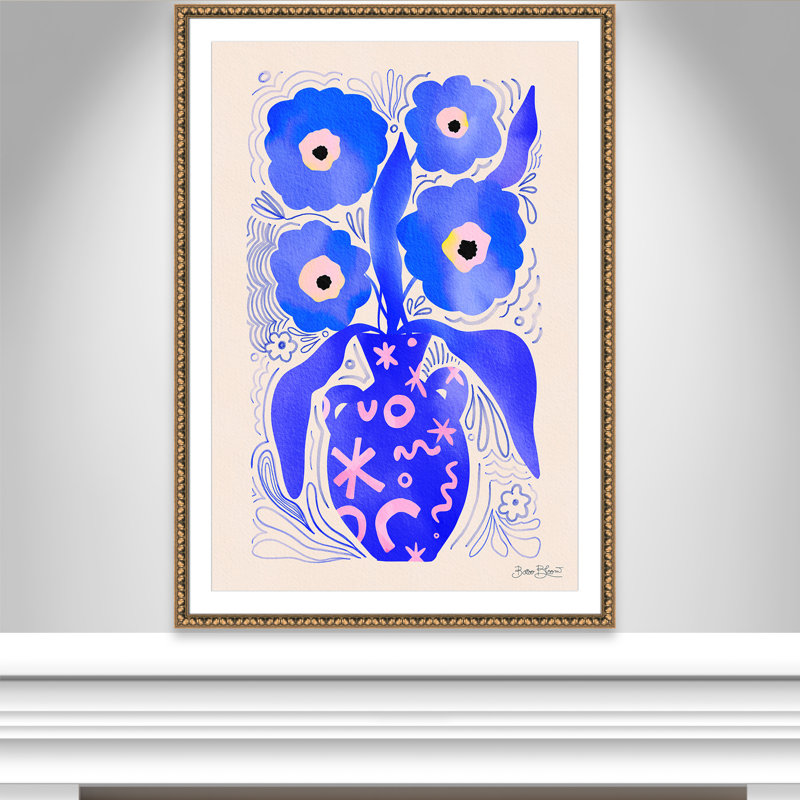 «Blue Flowers Matisse» par Bloom, L 38,5 po x H 54,5 po, Imprimé mat, Perles de feuilles dorées