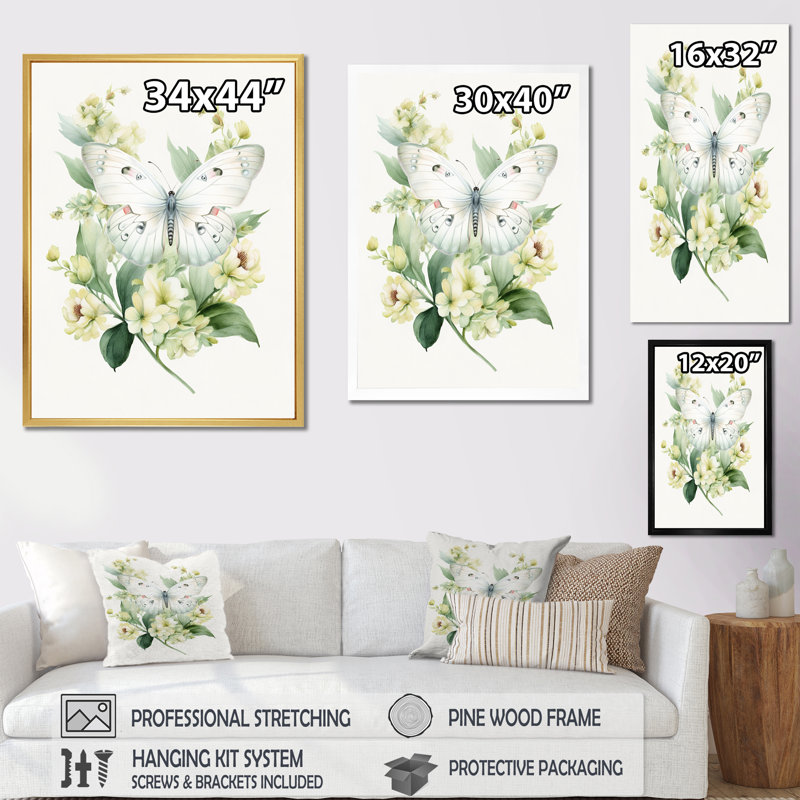 Papillons rétro sur des fleurs dans des tons pastel I, H 20 po x l 12 po x P 1 po, Cadre flottant doré