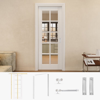 32" x 80" 10-Lite Clear Glass Sliding Closet Pocket Door with Silver Hardware & White Pocket Door Frame / Handle