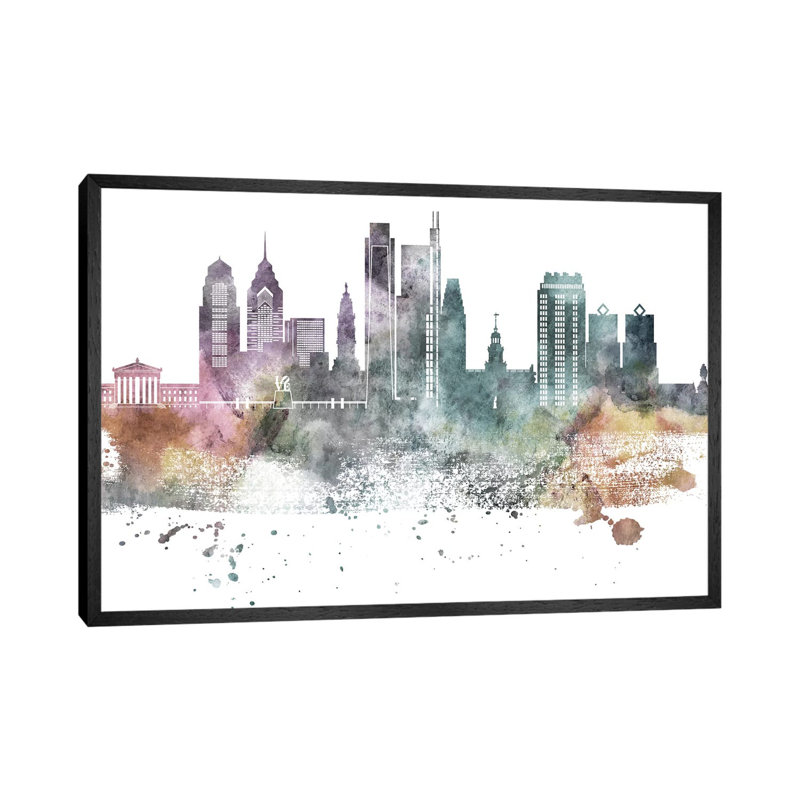 Philadelphia Pastel Skylines - Print on Canvas, 66.04 cm H x 45.72 cm W, Black Framed