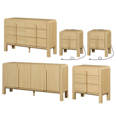 5 Pcs Dresser And Nightstand Sets For Bedroom,Night Stand Set Of 2, Mid-Century Modern Bedroom Set With Curved Profile Design, Wooden Storage Cabinet