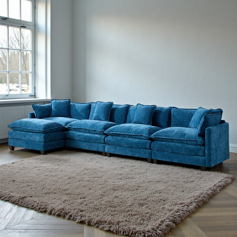 Geneveve 150"W Chenille Upholstered Sofa With Ottoman, 6 Compressed Pillows & Compressed Foam Cushions, Blue