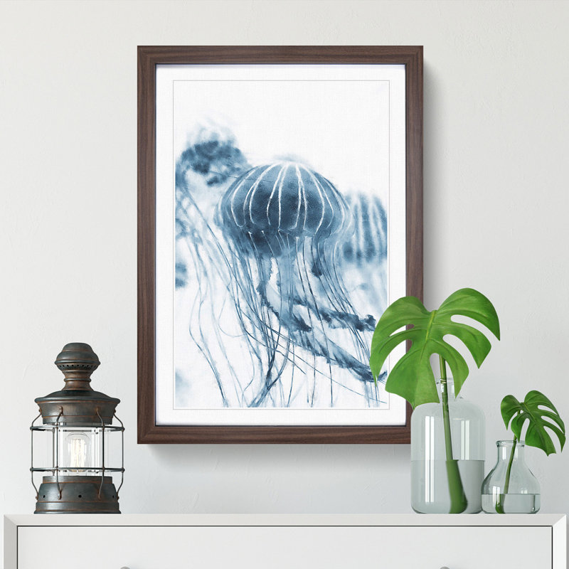 A Blue Jellyfish - Framed Print, 45cm H x 33cm W x 2cm D, Walnut Framed