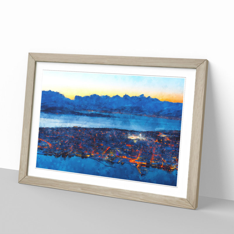 Tromso Skyline in Norway - Picture Frame Graphic Art, 36cm H x 48cm W x 2cm D, Oak