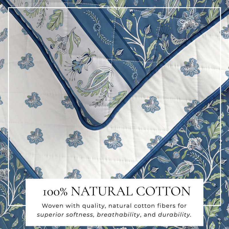Floral Bordered Cotton Quilt Set, Full Quilt + 2 Standard Shams, Blue Floral