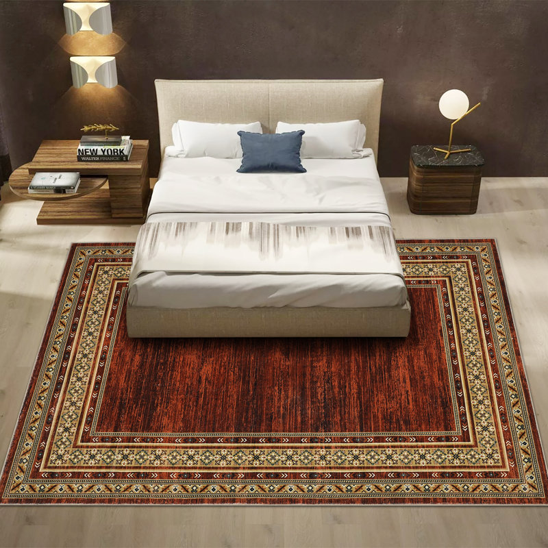 9 x 12 ft Polyester Red Rectangular Living Room Bedroom Dining Room Geometric Bordered Print Modern Machine Washable Area Rug