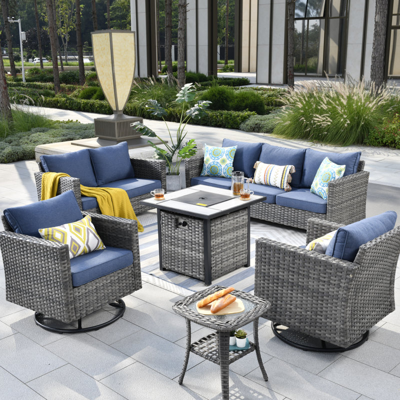 Ensemble de conversation en osier pour 7 personnes avec foyer et coussins Lovall, Bleu denim