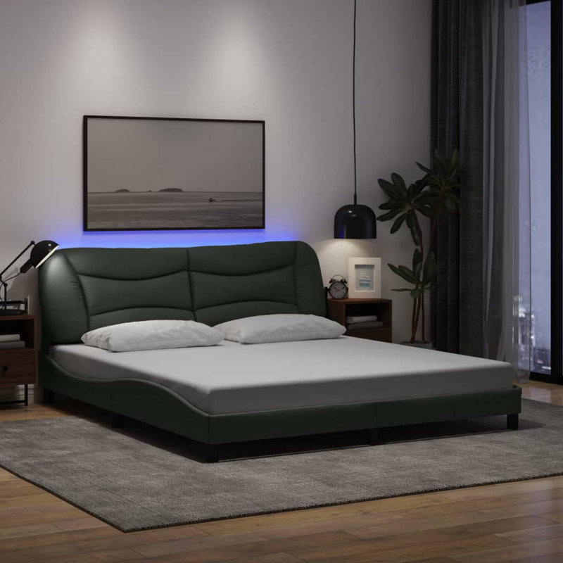 vidaXL Bed Frame with LED without Mattress Hvar Dark Grey 193x203 cm Fabric