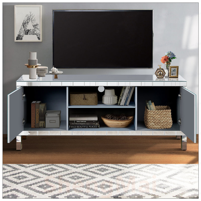 Meuble télé en miroir pour téléviseurs de 65 pouces et plus, console argentée avec tablettes ouvertes et portes miroir scintillantes pour le salon