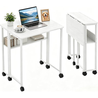 Space-Saving Folding Desk with Storage Shelf and Wheels – Sturdy Collapsible Computer Table – Easy Assembly – Compact Portable Writing Workstation for Home Office, Bedroom, Dorm