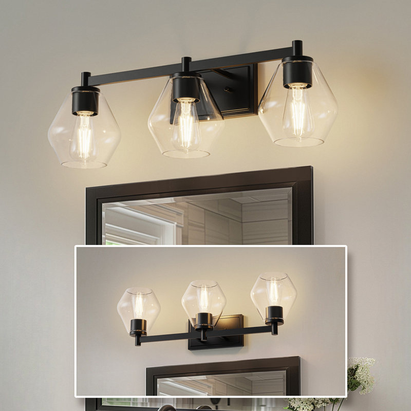 Alcide 25 po Éclairage pour meuble-lavabo 3 lumières noir avec abat-jour conique en verre pour salle de bain, miroir, salon