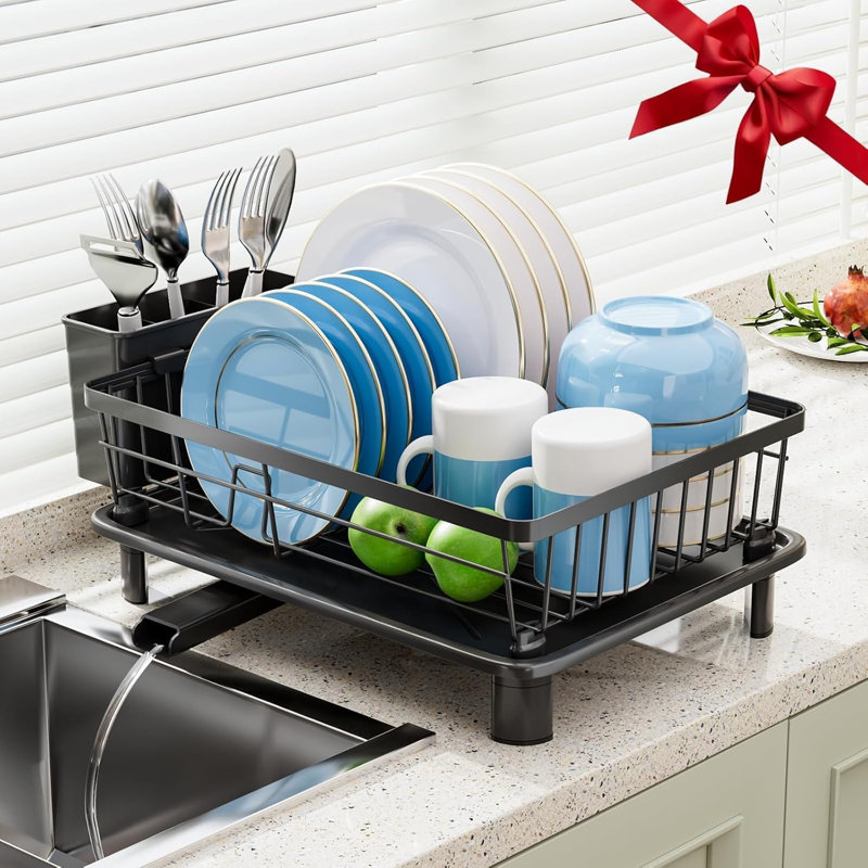 Dish Drying Rack for Kitchen Counter,Stainless Steel,Black Space Saving,New Drain Outlet,Rotating Spout & Angled Drainboard